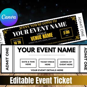 May include: Two event tickets with a black and gold design. The top ticket reads "YOUR EVENT NAME" and "JENNY, YOU'RE GOING TO". The bottom ticket has editable fields for event details. The text "Editable Event Ticket" is at the bottom.