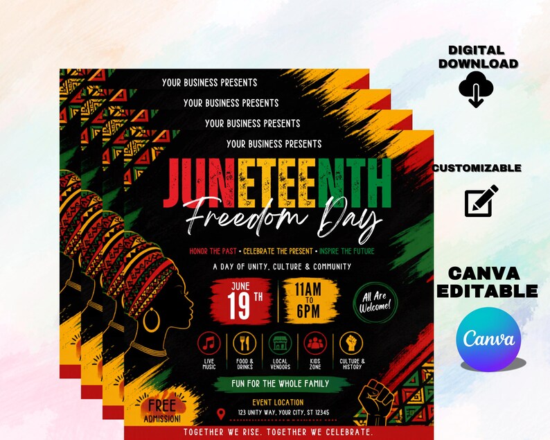 Juneteenth-flyermall, blockfest, evenemang, leverantörer, marknad, sommarfestival, redigerbar design, utskrivbar kampanj, direktnedladdning bild 3