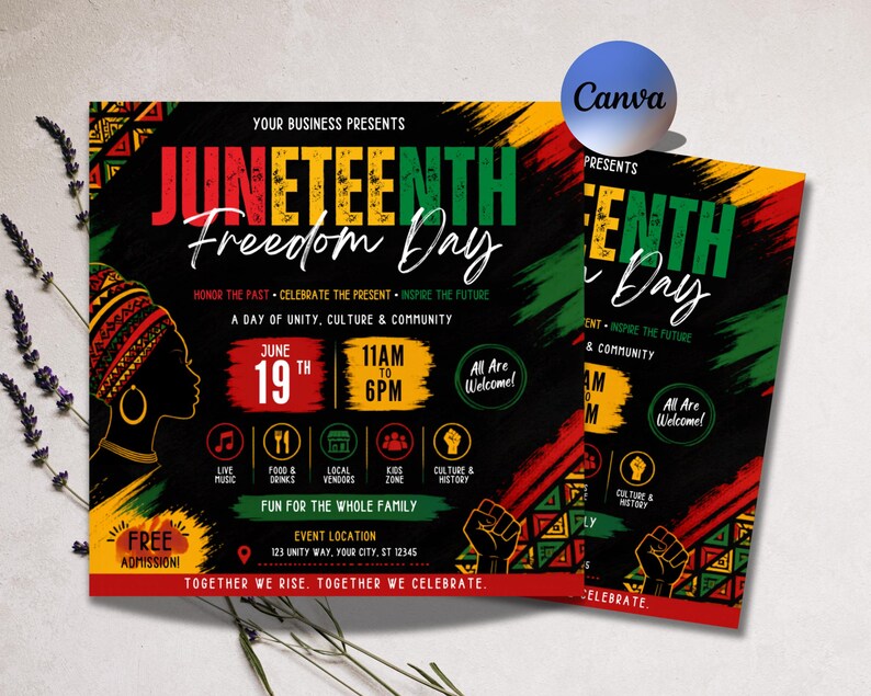 Juneteenth-flyermall, blockfest, evenemang, leverantörer, marknad, sommarfestival, redigerbar design, utskrivbar kampanj, direktnedladdning bild 13