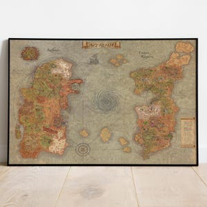 May include: A framed map of Azeroth, featuring detailed illustrations of Kalimdor and the Eastern Kingdoms. The map has a vintage aesthetic with a parchment-like background and intricate geographical details. The title "Azeroth" is displayed at the top.
