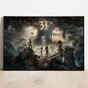 Puede incluir: Una impresión artística enmarcada que presenta un paisaje de fantasía con figuras. La obra de arte representa una escena dramática con un gran número "33" brillante en el cielo y varias figuras de pie sobre un terreno rocoso. La paleta de colores es oscura con reflejos.