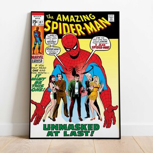 May include: A framed comic book cover of The Amazing Spider-Man, featuring Spider-Man in a red and blue suit. The cover includes the text "Unmasked at Last!" and other comic book characters.
