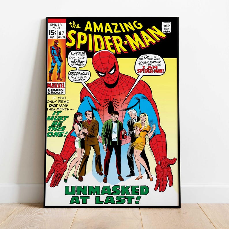 May include: A framed comic book cover of The Amazing Spider-Man, featuring Spider-Man in a red and blue suit. The cover includes the text "Unmasked at Last!" and other comic book characters.