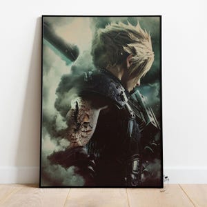 Peut inclure: Une affiche encadrée représentant un personnage de Final Fantasy VII. L'œuvre d'art représente une personne aux cheveux blonds hérissés, vêtue d'une armure sombre, sur fond de nuages tourbillonnants et d'une palette de couleurs sourdes. L'esthétique générale est dramatique et évocatrice.