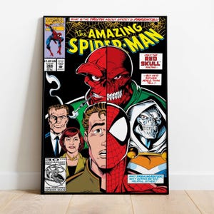 May include: Comic book cover of The Amazing Spider-Man, featuring Spider-Man, Red Skull, and other characters. The cover is predominantly black with vibrant colours, including red, white, and green. Text includes the title, issue number, and the phrase "What is the truth about Spidey's parents?"