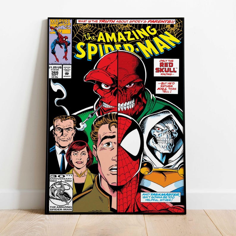 May include: Comic book cover of The Amazing Spider-Man, featuring Spider-Man, Red Skull, and other characters. The cover is predominantly black with vibrant colours, including red, white, and green. Text includes the title, issue number, and the phrase "What is the truth about Spidey's parents?"