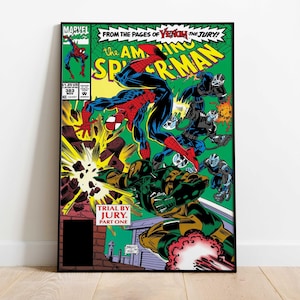 May include: Comic book cover featuring Spider-Man in action, with vibrant colors and dynamic poses. The cover includes the text "The Amazing Spider-Man" and "Trial by Jury. Part One."