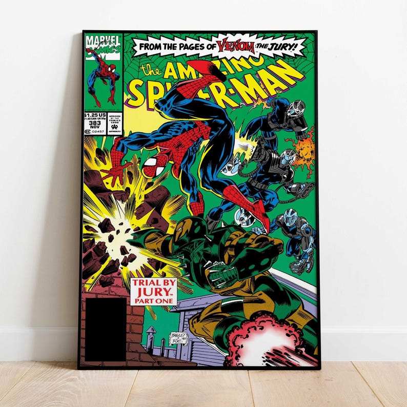May include: Comic book cover featuring Spider-Man in action, with vibrant colors and dynamic poses. The cover includes the text "The Amazing Spider-Man" and "Trial by Jury. Part One."