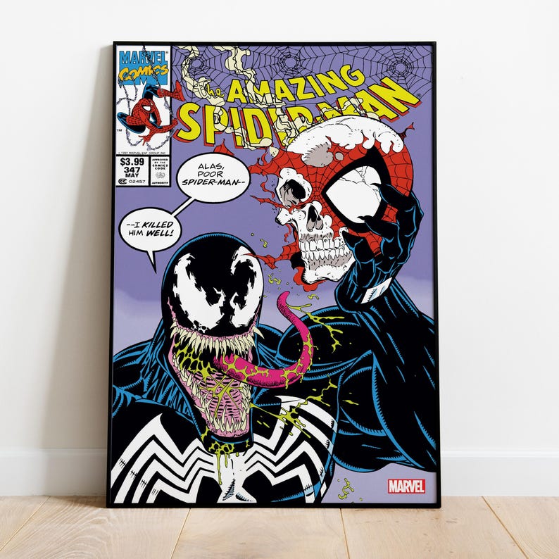 May include: Comic book cover art featuring Venom and a skull-faced Spider-Man. The title "Amazing Spider-Man" is displayed in yellow. Venom's tongue is pink, and the background is purple. The Marvel Comics logo is in the corner.