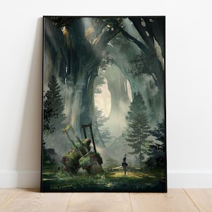 Peut inclure: Impression d'art encadrée représentant une scène de forêt fantastique. L'œuvre présente une silhouette avec une épée dans une clairière ensoleillée, avec de grands arbres et des ruines envahies par la végétation au premier plan. La palette de couleurs est dominée par le vert, le brun et la lumière douce.