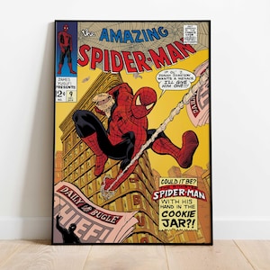 May include: Comic book cover art of Spider-Man swinging from a web, holding a cookie jar. The title "The Amazing Spider-Man" is displayed above the image. The background is yellow with a cityscape.