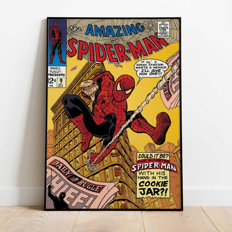 May include: Comic book cover art of Spider-Man swinging from a web, holding a cookie jar. The title "The Amazing Spider-Man" is displayed above the image. The background is yellow with a cityscape.