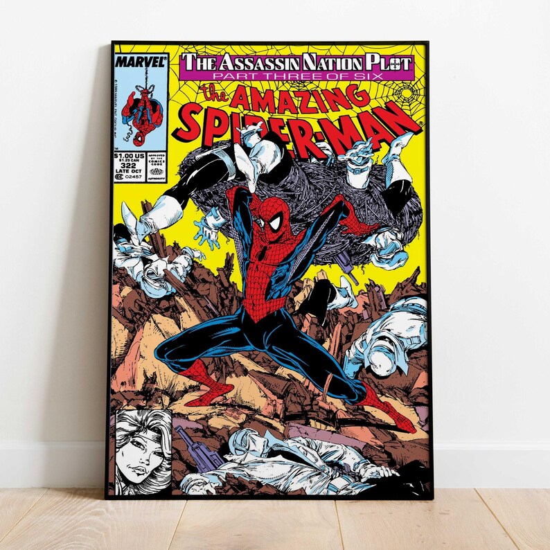 May include: A framed comic book cover featuring Spider-Man in a dynamic pose. The cover art has a yellow background with the title "The Amazing Spider-Man" and the Marvel logo. The artwork depicts a battle scene with multiple characters.