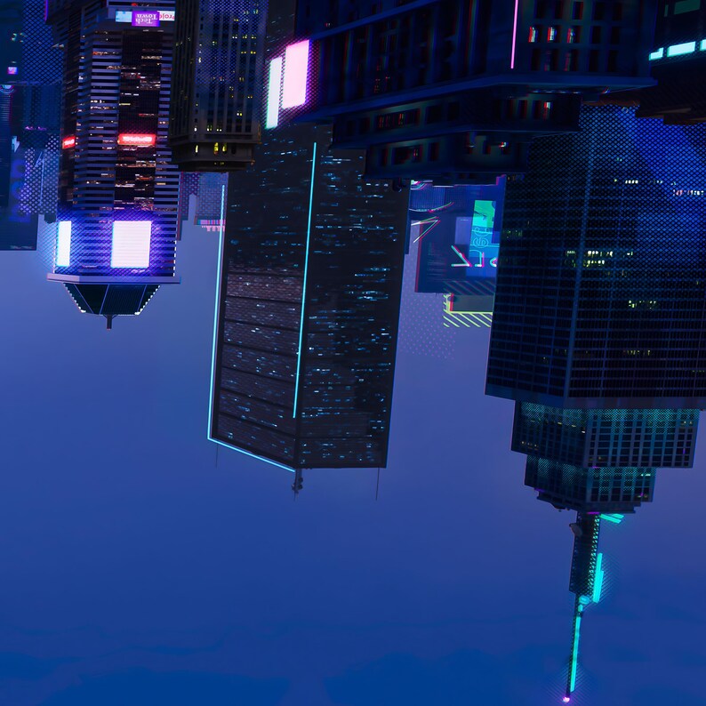 Puede incluir: Ilustraci&oacute;n digital de un paisaje urbano futurista con altos rascacielos. Los edificios tienen luces de ne&oacute;n en tonos rosa, azul y morado. La imagen tiene un fondo azul oscuro, creando una est&eacute;tica vibrante y moderna.