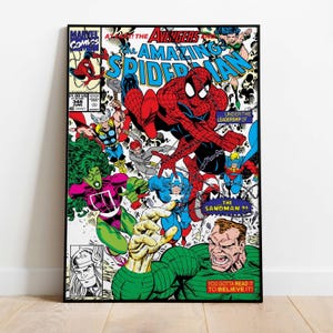 May include: Comic book cover featuring Spider-Man, The Avengers, and other Marvel characters. The artwork is vibrant with bold colors, including red, blue, green, and yellow. Text includes "The Amazing Spider-Man" and "You Gotta Read It To Believe It!"
