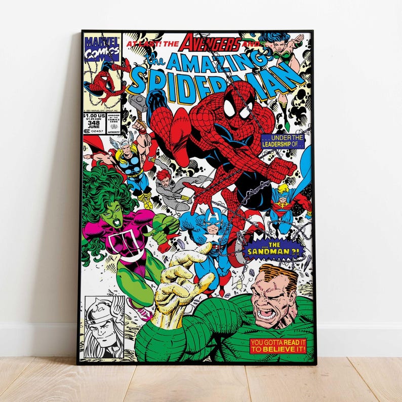 May include: Comic book cover featuring Spider-Man, The Avengers, and other Marvel characters. The artwork is vibrant with bold colors, including red, blue, green, and yellow. Text includes "The Amazing Spider-Man" and "You Gotta Read It To Believe It!"