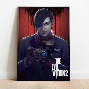 May include: Poster featuring a character from "The Evil Within 2" video game. The character is holding a camera with a flash attachment. The background is red with black drips. The game's title is displayed in white text.