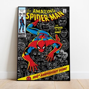 May include: Comic book cover featuring Spider-Man in a red and blue suit, with the title "The Amazing Spider-Man." The background is black with white illustrations of faces. Text includes "100th Anniversary Issue!"