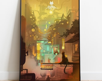 Stray Game Poster | Cyberpunk Cat Wall Art | Rolled Canvas Print