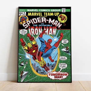 May include: Comic book cover featuring Spider-Man and Iron Man in action. The title reads "Marvel Team-Up" with the text "The Tomorrow War!" in a bold font. The artwork is in vibrant colors, with a green background.
