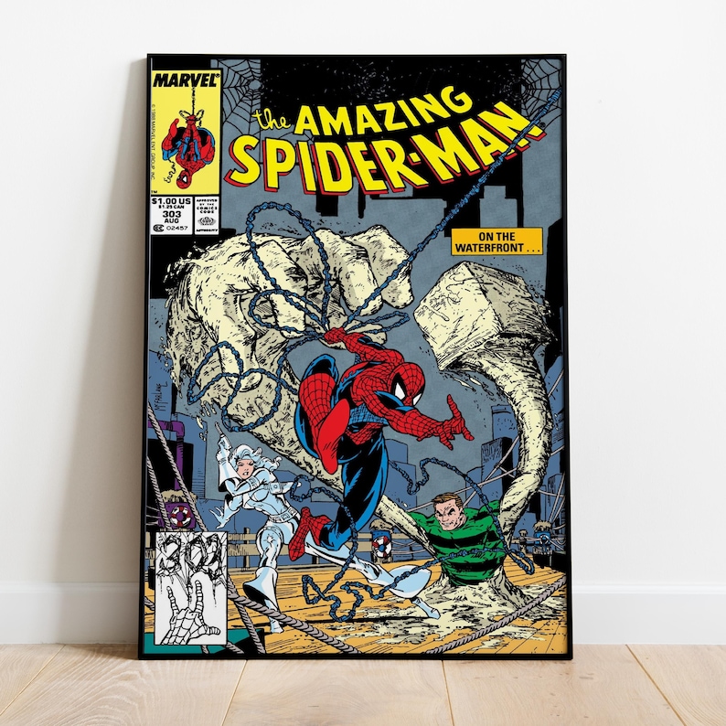 May include: Comic book cover art of Spider-Man in a dynamic pose, battling villains. The title "The Amazing Spider-Man" is in yellow, with issue number 303. The artwork features vibrant colors and action-packed scenes.