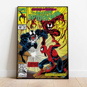 May include: Comic book cover art featuring Spider-Man, Venom, and Carnage. The Amazing Spider-Man comic book cover has a yellow background with the text "CARNAGE AND VENOM" and "CARNAGE PART TWO". The comic is a 30th Anniversary edition.