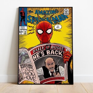 May include: A framed comic book cover of The Amazing Spider-Man. The cover features Spider-Man in a red and black suit, reading a newspaper with the headline "He's Back." The background is yellow with spiderwebs.