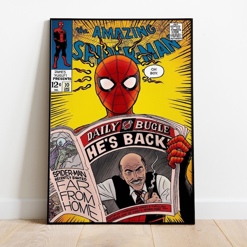 May include: A framed comic book cover of The Amazing Spider-Man. The cover features Spider-Man in a red and black suit, reading a newspaper with the headline "He's Back." The background is yellow with spiderwebs.