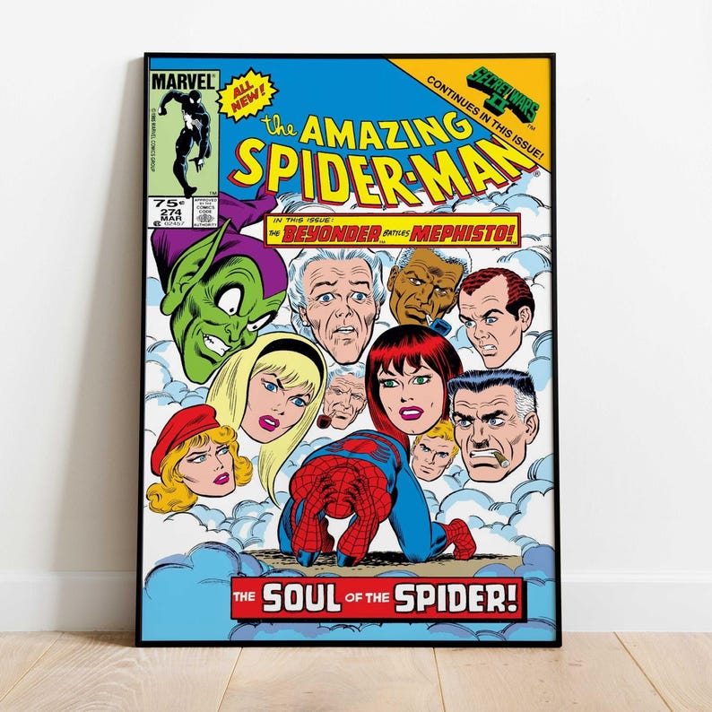 May include: A framed comic book cover of The Amazing Spider-Man #274. The cover features Spider-Man, the Green Goblin, and other characters. The title text is in yellow, with the Marvel logo in the upper left corner.