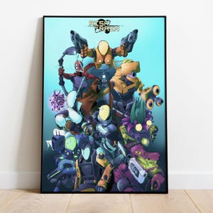 May include: A framed poster featuring a group of stylized characters from the video game "Risk of Rain." The characters are depicted in various poses, with a mix of futuristic and fantasy elements. The color palette includes blues, oranges, and purples.
