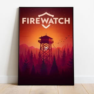 May include: Framed art print with a stylized illustration of a fire lookout tower in a forest at sunset. The word "FIREWATCH" is displayed in white above the tower, with a shield graphic. The colour palette includes shades of orange, red, and purple.