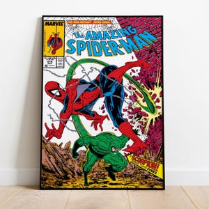 May include: Comic book cover art of Spider-Man in action, battling a green Scorpion. The cover features the text "The Amazing Spider-Man" in blue and red, with the Marvel logo and issue number 318. The artwork is framed in black.