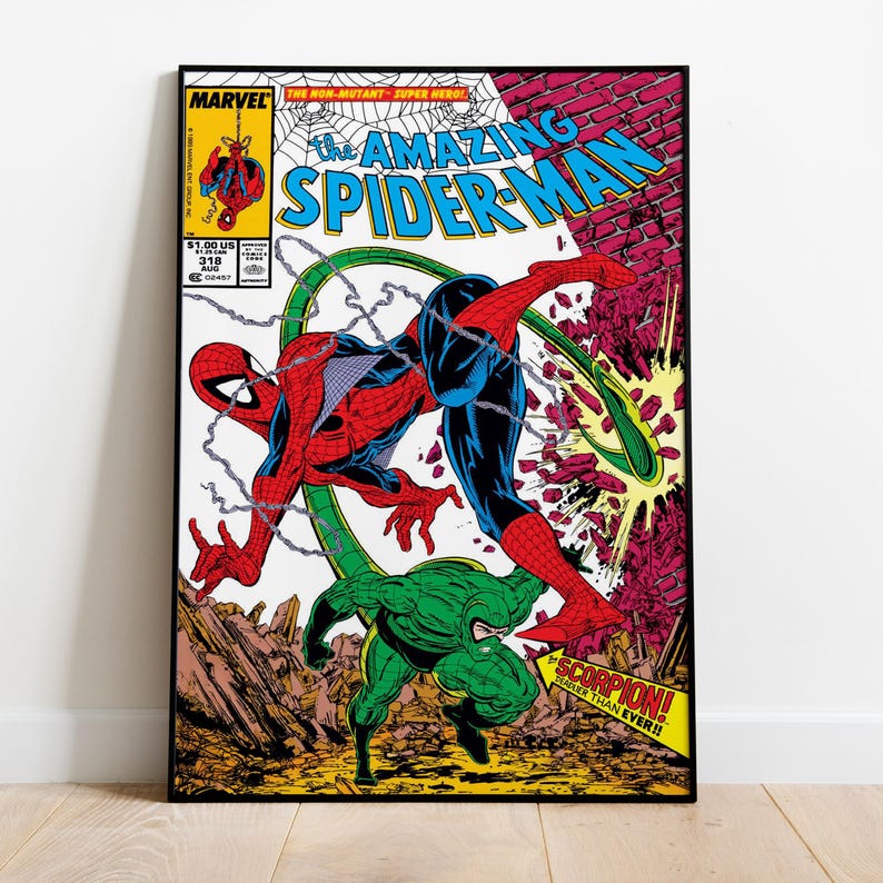 May include: Comic book cover art of Spider-Man in action, battling a green Scorpion. The cover features the text "The Amazing Spider-Man" in blue and red, with the Marvel logo and issue number 318. The artwork is framed in black.