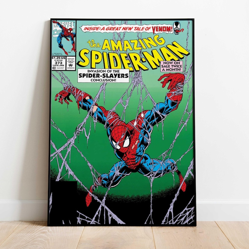 May include: A framed comic book cover featuring Spider-Man in a dynamic pose, entangled in webs against a green background. The title "The Amazing Spider-Man" is prominently displayed, with text indicating "Invasion of the Spider-Slayers".