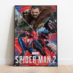 May include: Marvel Spider-Man 2 poster featuring Spider-Man and Miles Morales in action, with villains Kraven, Lizard, and Venom. The poster has a red, white, and blue color scheme with a black frame.