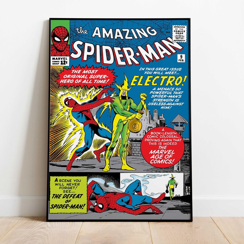 May include: A framed comic book cover of The Amazing Spider-Man, featuring Spider-Man battling Electro. The cover art is in vibrant colors, with text that reads "The Most Original Super-Hero of All Time!" and "The Defeat of Spider-Man!"