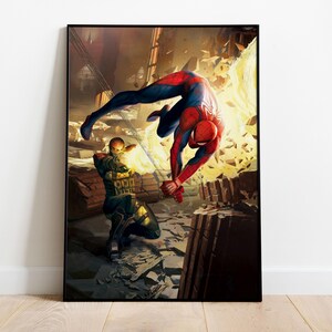 May include: A framed print featuring a dynamic action scene of Spider-Man in a red and blue suit, battling a character in green and gold armor. The background depicts a fiery explosion and crumbling structures.
