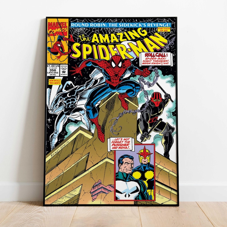 May include: Framed comic book cover of The Amazing Spider-Man, issue 356. The cover features Spider-Man in a dynamic pose, along with other characters. The Marvel Comics logo is visible, and the text includes the issue number and price.