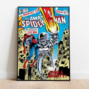 May include: Comic book cover art featuring Spider-Man and Stilt-Man in a cityscape. The cover has the text "The Amazing Spider-Man" and "High & Mighty!" in bold, colorful lettering. The artwork is framed in black.