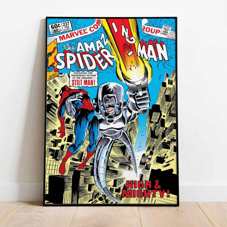 May include: Comic book cover art featuring Spider-Man and Stilt-Man in a cityscape. The cover has the text "The Amazing Spider-Man" and "High & Mighty!" in bold, colorful lettering. The artwork is framed in black.