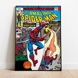May include: Comic book cover of The Amazing Spider-Man. The cover features Spider-Man in a dynamic pose, with a red and blue costume. The title is in yellow and blue. The cover also includes text that reads "Spider-Slayer" and "Super-Star!"
