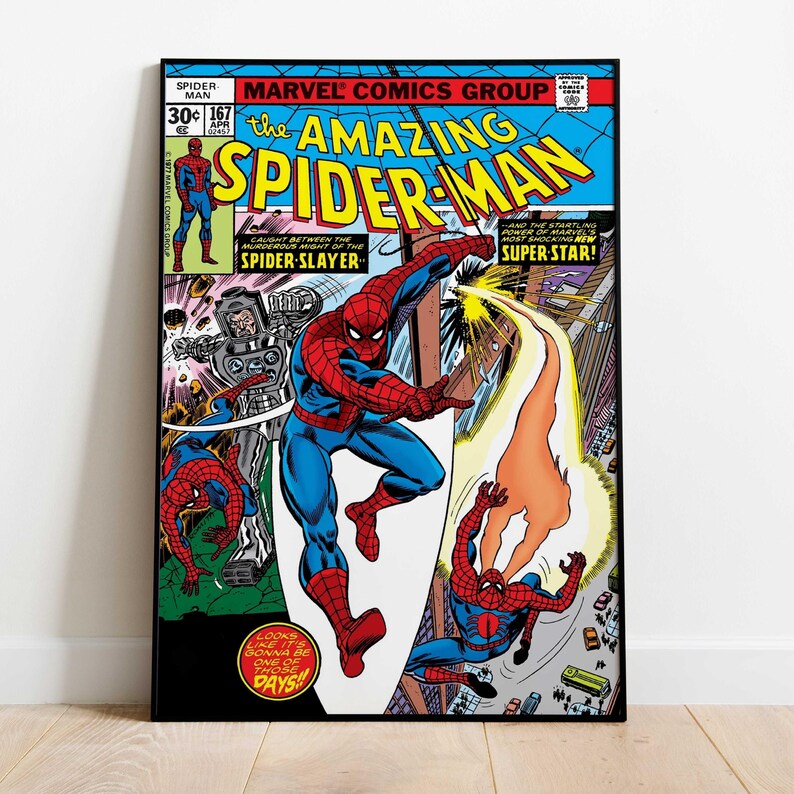 May include: Comic book cover of The Amazing Spider-Man. The cover features Spider-Man in a dynamic pose, with a red and blue costume. The title is in yellow and blue. The cover also includes text that reads "Spider-Slayer" and "Super-Star!"