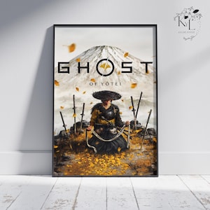 May include: Framed poster featuring a samurai warrior in traditional attire, set against a backdrop of a mountain and falling leaves. The title "GHOST OF YOTEI" is prominently displayed in bold letters. The artwork has a digital painting style.