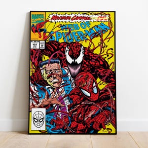 May include: A framed comic book cover featuring Spider-Man, Carnage, and a man in a suit. The cover has a yellow background with the text "Web of Spider-Man" and "Maximum Carnage." The comic is labeled "Marvel Comics" and "Part 1 of 14."