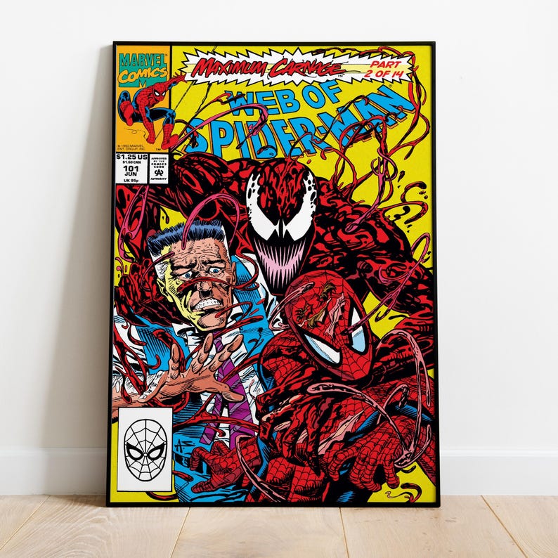 May include: A framed comic book cover featuring Spider-Man, Carnage, and a man in a suit. The cover has a yellow background with the text "Web of Spider-Man" and "Maximum Carnage." The comic is labeled "Marvel Comics" and "Part 1 of 14."