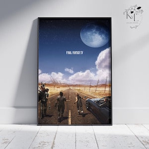 May include: A framed poster featuring the text "FINAL FANTASY XV" above a desert road scene. The image shows three figures walking down the road towards a car, with a large blue moon in the sky. The poster is in a black frame.