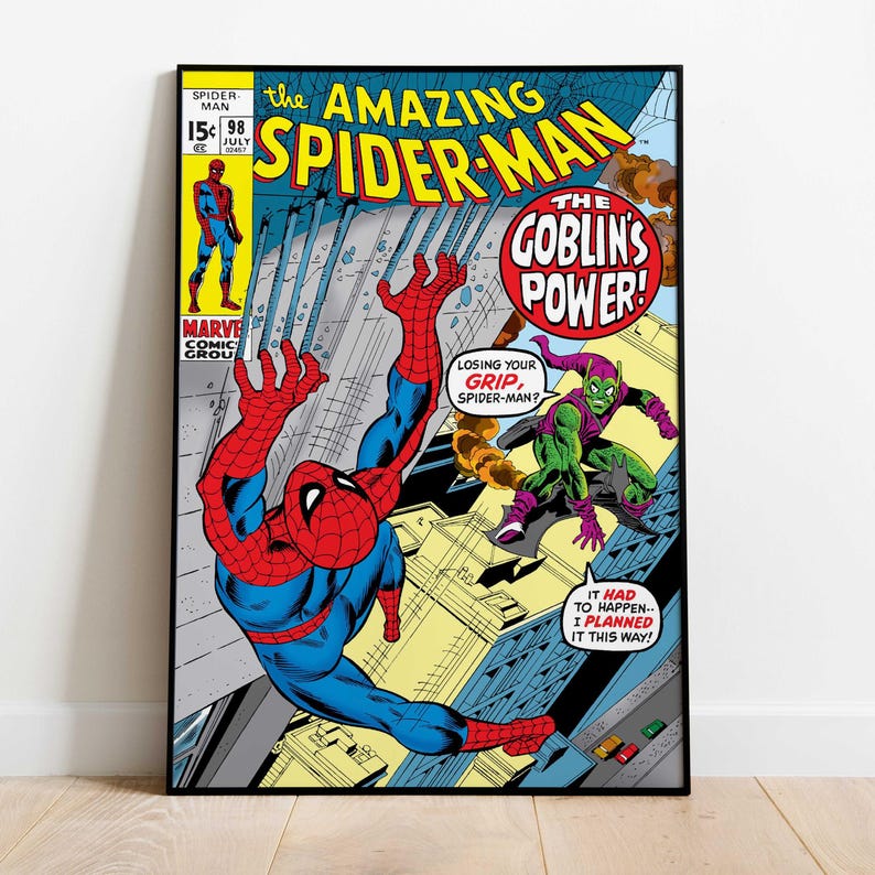 May include: Comic book cover art of Spider-Man in a dynamic pose, battling the Green Goblin. The title "The Amazing Spider-Man" is prominently displayed. The cover features vibrant colors and classic comic book style.