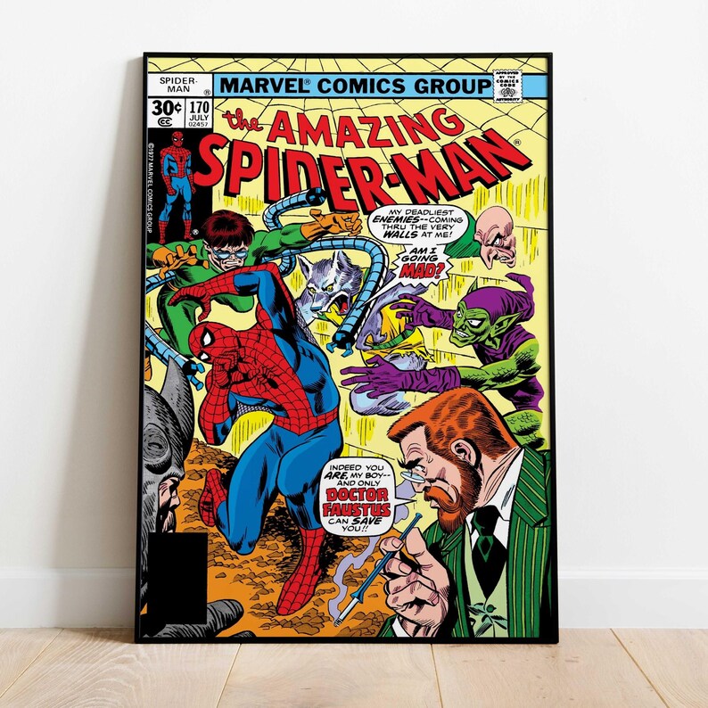 May include: A framed comic book cover of The Amazing Spider-Man. The cover features Spider-Man in a dynamic pose, surrounded by villains. Bold text reads "The Amazing Spider-Man" and "Marvel Comics Group". The color palette is vibrant, with primary colors.