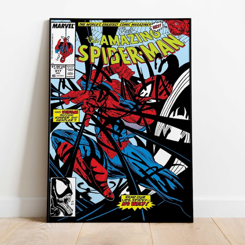 May include: Comic book cover art featuring Spider-Man in a dynamic pose, rendered in red and blue, with black web-like elements. The title "The Amazing Spider-Man" is prominently displayed. Includes text: "Read our lips, Spidey--No Way!"
