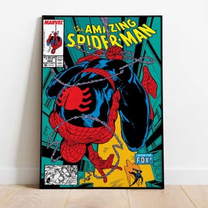 May include: A framed comic book cover of Spider-Man. The image shows Spider-Man in a red and blue suit, with the title "The Amazing Spider-Man" in yellow. The Marvel logo is visible. The comic is set against a teal background.